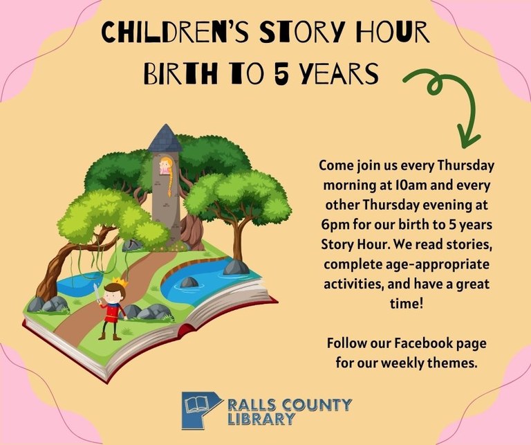 Join us for birth to 5 years Story Hour every Thursday at 10am. 
