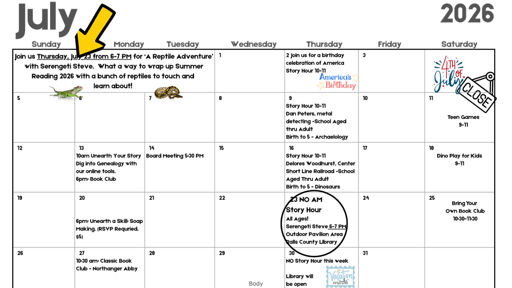 Image of Monthyl Calendar. Events shown can be found on events page.